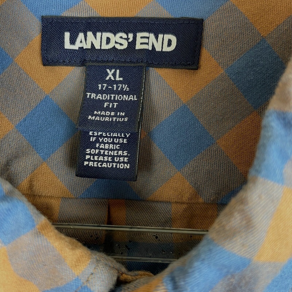 Lands End Traditional Fit Cotton Button Down Blue/Tan Plaid Men's Shirt XL